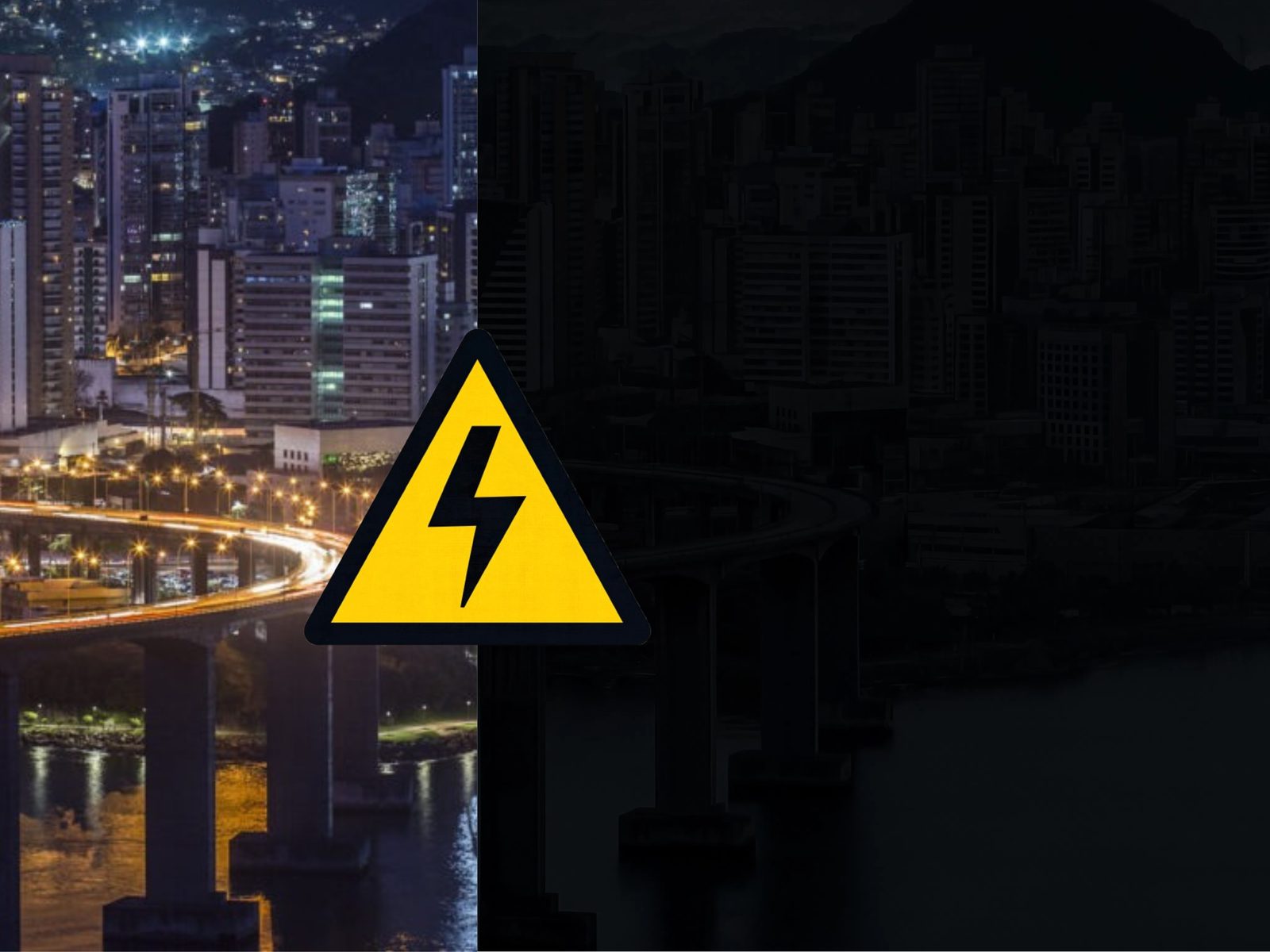 Skyline de cidade à noite, metade iluminada e metade em apagão, com símbolo de alerta elétrico