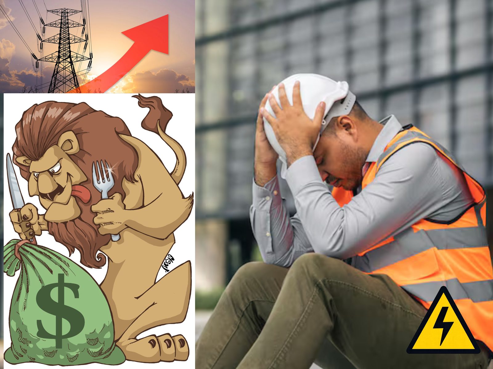 Torre de transmissão de energia com seta de alta, ao lado de ilustração de leão simbolizando a carga tributária sobre o consumidor