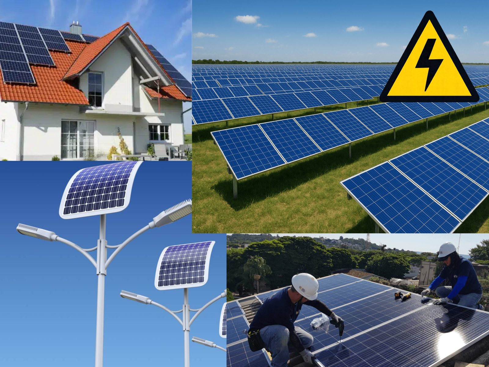 Painéis solares em telhado residencial e usina solar de grande porte