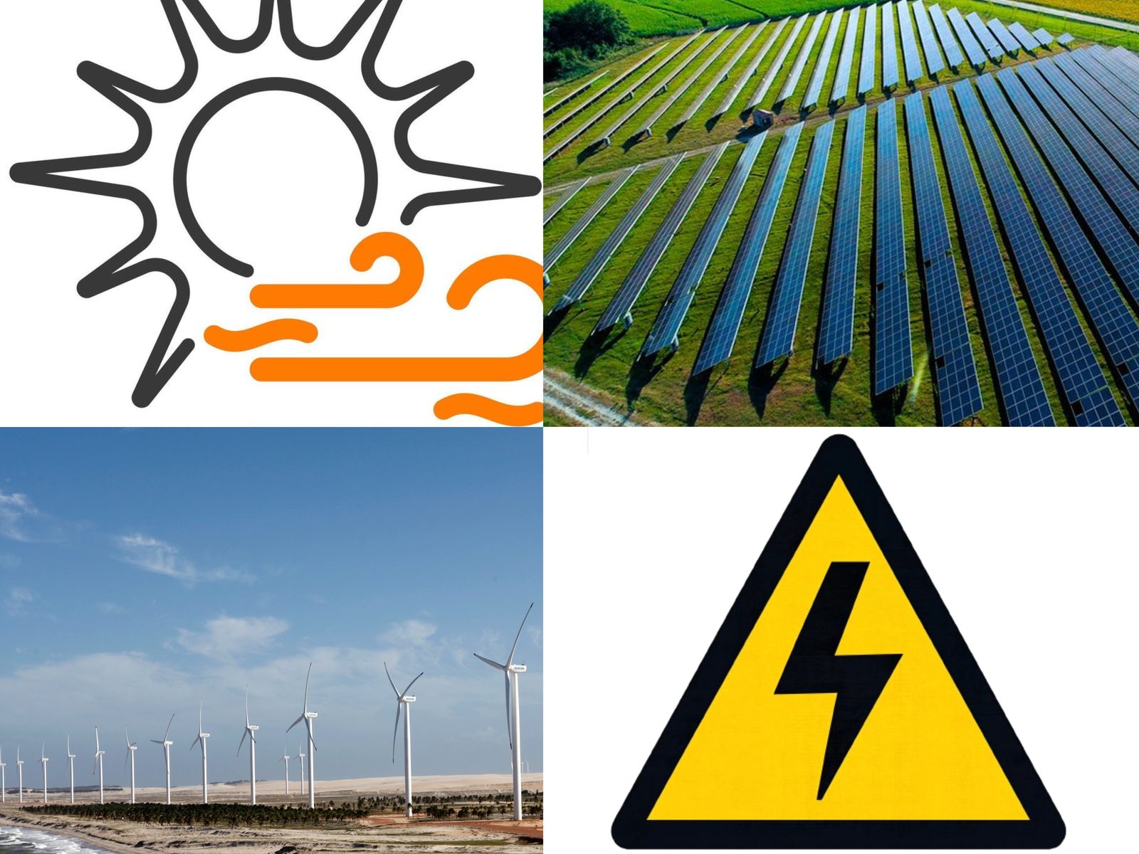 Ícone de sol e vento, usina solar aérea e parque eólico à beira-mar