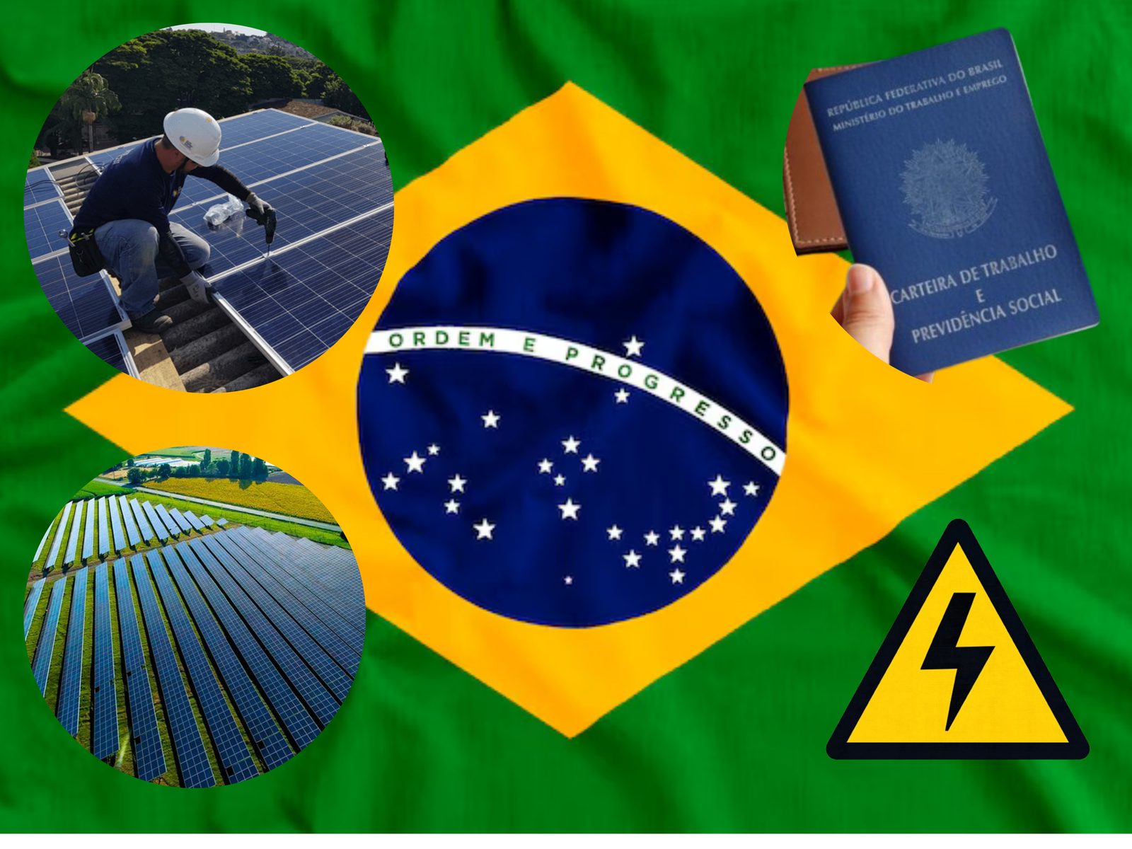 Trabalhador instalando painéis solares, bandeira do Brasil, dinheiro e carteira de trabalho, simbolizando geração de empregos no setor solar