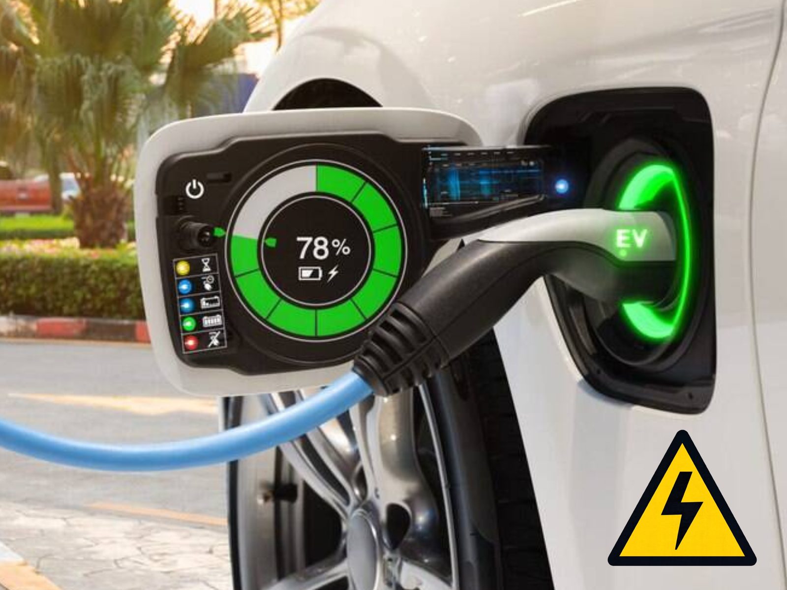 Carregador conectado a veículo elétrico mostrando 78% de carga na bateria